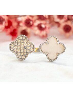 4 Leaf Clover Shaped Pave CZ Stone Sterling Silver 925 Vintage Ring - sz 8.75